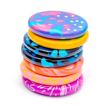 A stack of Pogs with colorful designs