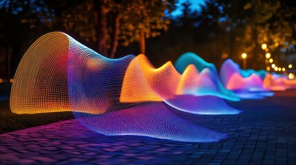 Obraz premium Colorful light trails along a park path at night, creating abstract shapes and patterns.