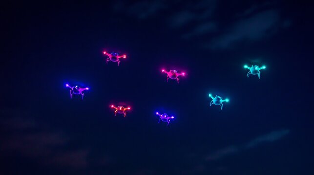 Colorful Drones in Night Sky with Vibrant LED Lights Display