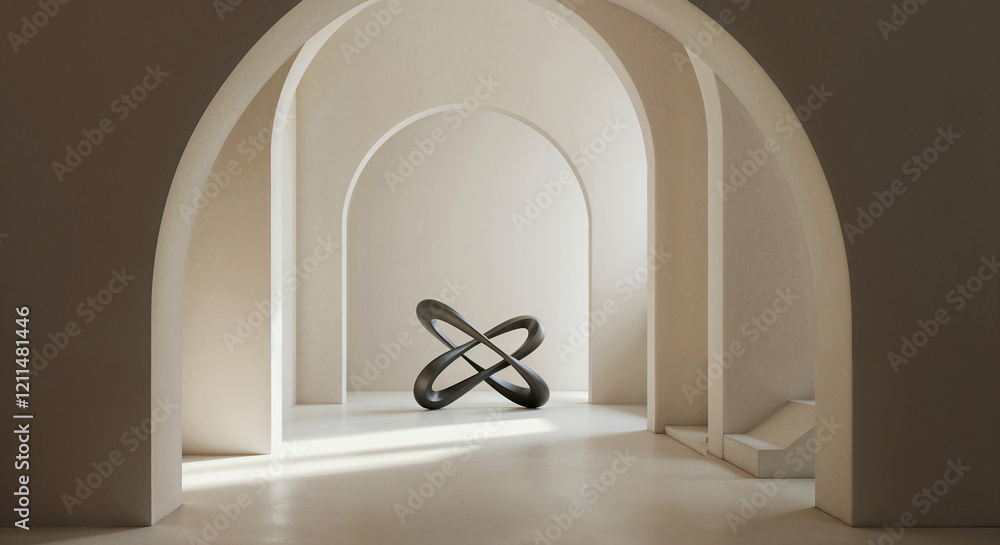 Poster abstract gallery background with geometric shapes with volumetric abstract figure in center in color