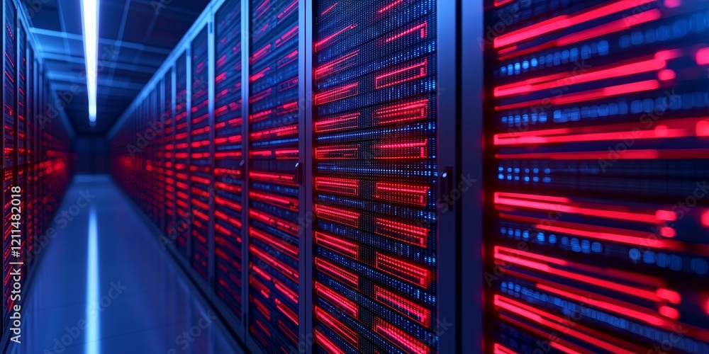 Poster asset protection ideas. data center with illuminated servers in a futuristic environment.