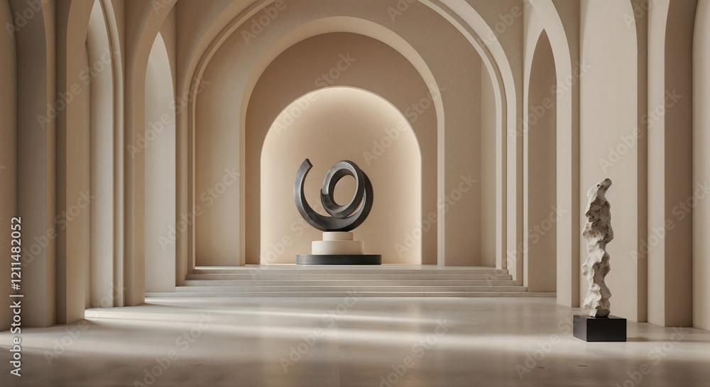 Poster abstract gallery background with geometric shapes with volumetric abstract figure in center in color