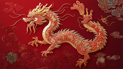 Fototapeta premium Vibrant night sky with a Chinese dragon, golden clouds, and red lanterns: Lunar New Year Celebrations