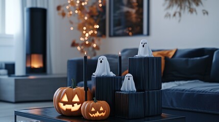 Obraz premium Spooky Halloween Home Decor: Jack-o'-lanterns, Ghosts, and Candles create a festive atmosphere.