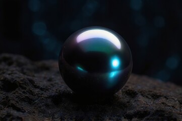 A black pearl glowing faintly against a dark, mysterious background.