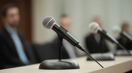 Press Conference Podium: A close-up shot of microphones on a table in a conference room, with blurred figures of people in the background, suggestive of an important announcement or press briefing.  