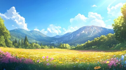 A vibrant summer meadow filled with blooming wildflowers in shades of yellow, purple, and pink, with a clear blue sky and the sun shining brightly 