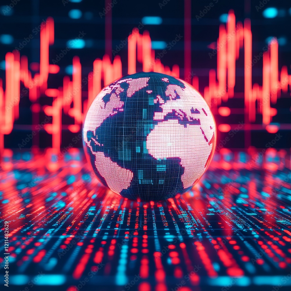 Poster retail investment accessibility. digital globe with data trends in red and blue colors on a tech bac