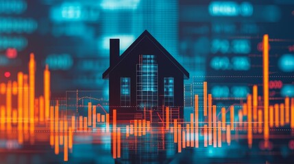 Physical asset value. Digital house silhouette with data visualization in the background.