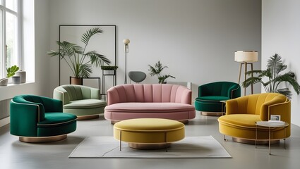 Elegant Dusty Pink, Emerald Green, and Mustard Yellow Sofas in a Minimalist Room Setting