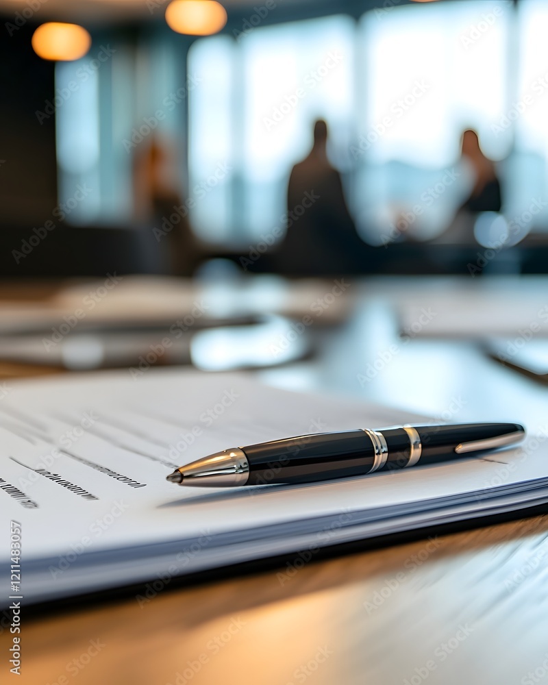 Poster selective focus on documents and pen on conference table with blurred team discussing in background