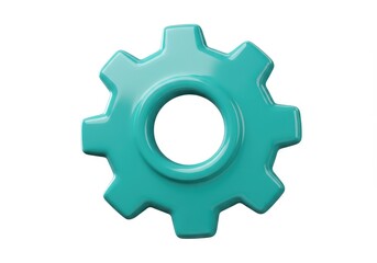 A 3D illustration of a teal gear with a glossy finish and a metallic silver center