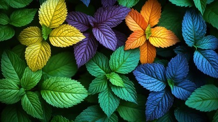 Fototapeta premium Vibrant Rainbow Mint Leaves: A Colorful Botanical Tapestry