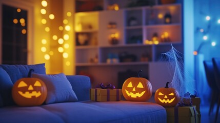 Spooky Halloween Night: Jack-o'-lanterns on a Cozy Couch