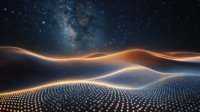 Glowing hillscape, starry night, digital art, cosmic background, website header