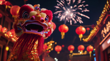 Fototapeta premium Colorful Chinese New Year lanterns with dragon masks and traditional decorations celebrating the festival and culture
