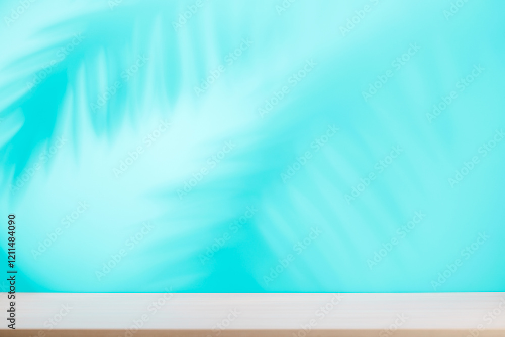 Aufkleber template with empty table and wall with natural plant shadow and sunny glare