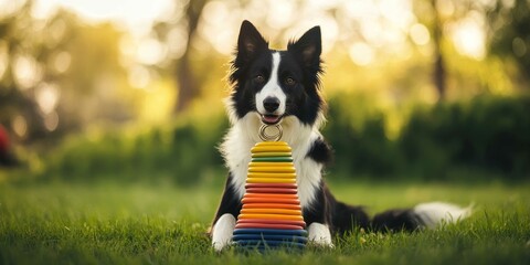 A Border Collie showcasing its intelligence by stacking rings on a toy cone during a training session