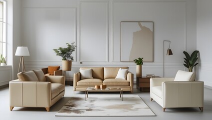 Luxurious Cream Sofa Ensemble in a Minimalist Room, Showcasing Elegant Design and Sophisticated Comfort