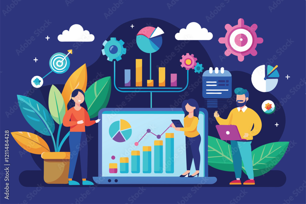 Poster professionals analyze growth analytics data in a vibrant workspace with charts and graphs growth ana