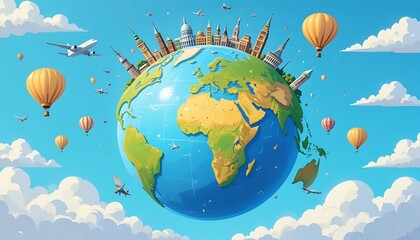 World travel illustration with famous landmarks, airplanes, and hot air balloons soaring in a vibrant blue sky.