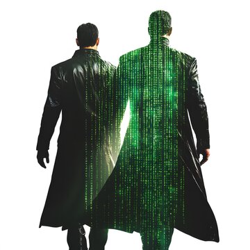 The Matrix green code and Neo in black trench coat