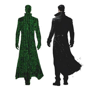The Matrix green code and Neo in black trench coat