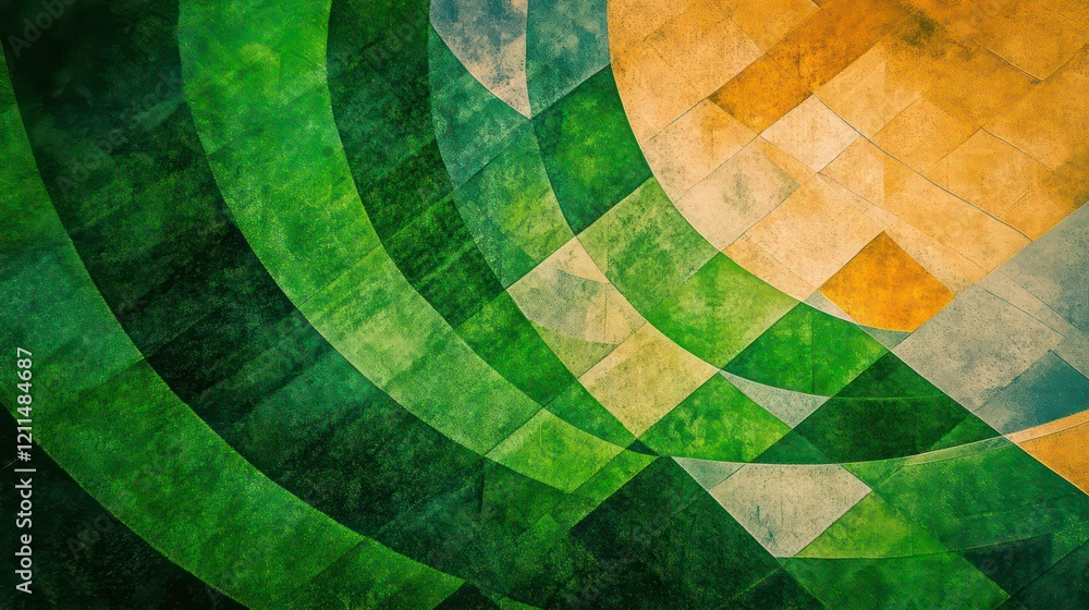 Poster abstract green and gold geometric pattern with concentric circles and squares.