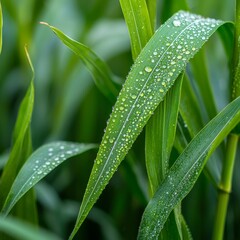Fototapeta premium Farmland investment benefits. Green leaves with water droplets glistening in natural light.