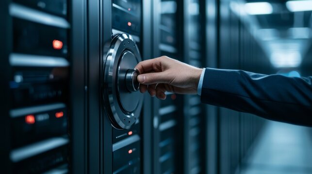Asset protection ideas. Hand unlocking a secure server in a data center environment.