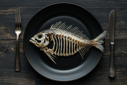 Fish skeleton on a plate on a kitchen table, poverty, nothing to eat concept..