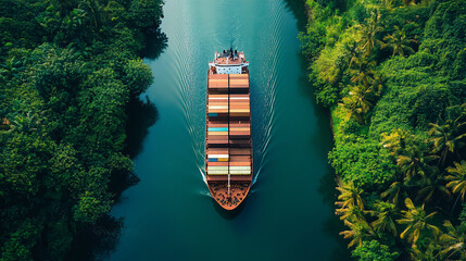 Container ship navigating a lush green waterway.