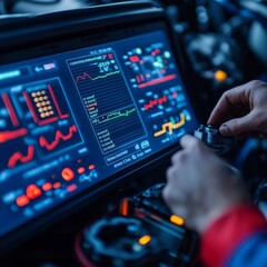 Naklejka premium Mechanics repair diagnostics adjustment. High-tech dashboard with data graphs and controls being adjusted by a user.