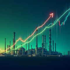 Fototapeta premium Stock market candlestick chart in the foreground, with a large oil refinery and smokestacks in the background at sunset, symbolizing the link between energy and finance.