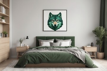Teal wolf portrait on bedroom wall above bed.