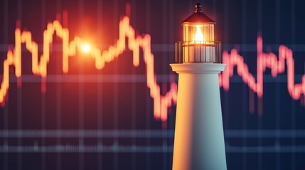 Economic uncertainty management. Lighthouse illuminated against a backdrop of fluctuating stock market data.