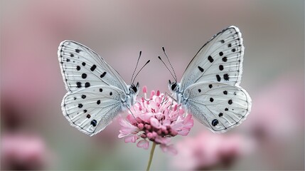 Obraz premium Two white butterflies facing each other on a pink flower.