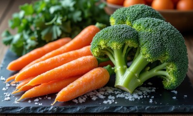 Fresh carrots and broccoli on slate