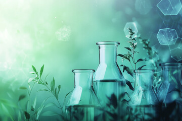 Vials and flasks in lush green foliage and chemical compounds background, science and medicine, natural remedies...