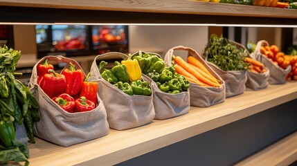 A colorful assortment of fresh vegetables displayed in fabric bags on a shelf, showcasing healthful produce in a market setting.