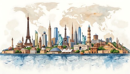 A Watercolor Panorama of the World's Most Famous Landmarks and Cities Skyline, a Stunning Visual Representation of Global Architecture and Travel Destinations