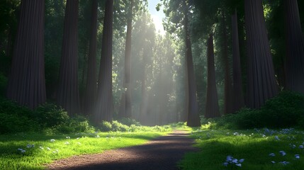 Fototapeta premium Misty Redwood Forest Trail with Morning Sunlight Streaming Through Canopy