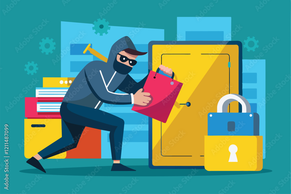 Poster a hacker uses tools to infiltrate a locked folder in a digital environment hacker break into locked 