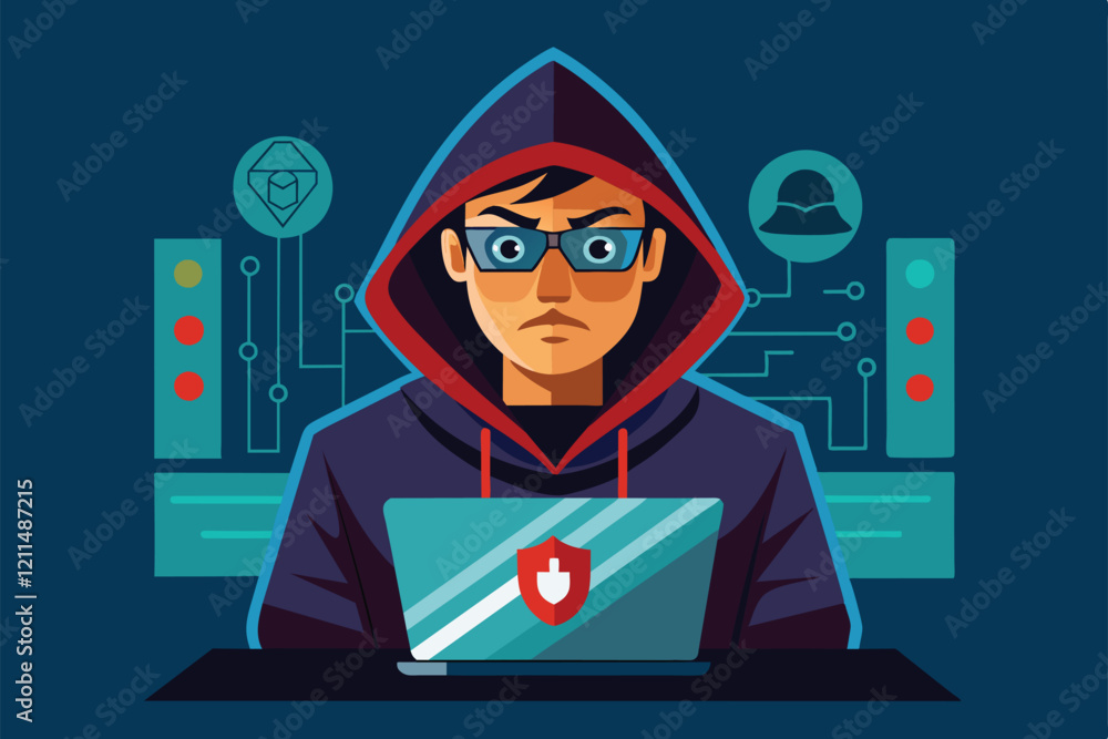 Poster a hacker with glasses focuses intently on his laptop surrounded by digital elements hacker customiza