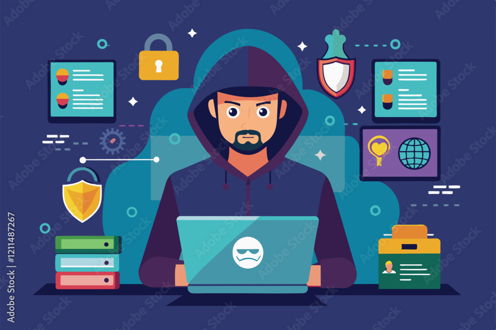 Poster a hacker customizes tools on his laptop surrounded by security graphics and data charts hacker custo