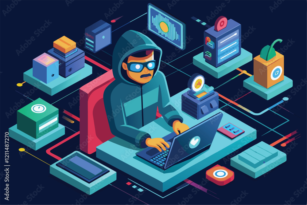 Poster a hacker focused on his work, manipulating technology in a vibrant, modern digital workspace hacker 