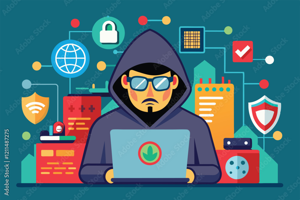 Poster a character works on a laptop surrounded by various cybersecurity icons and data visuals hacker cust