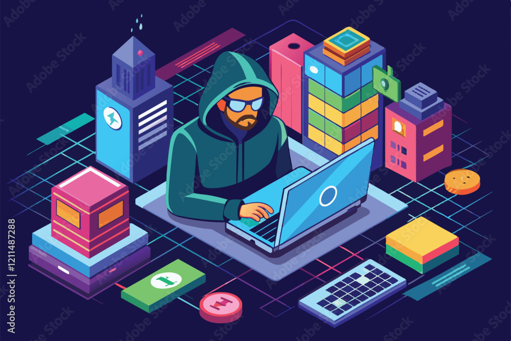Poster a hacker uses a laptop while surrounded by colorful buildings and tech items in a digital landscape 