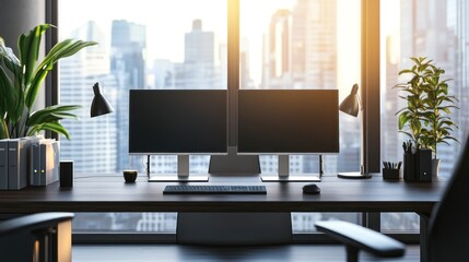 Fototapeta premium Modern Office Workspace with City View