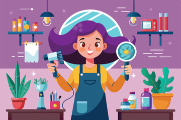 A happy hairdresser stands in a vibrant salon with plants and styling tools, ready to assist clients Hairdresser Customizable Cartoon Illustration